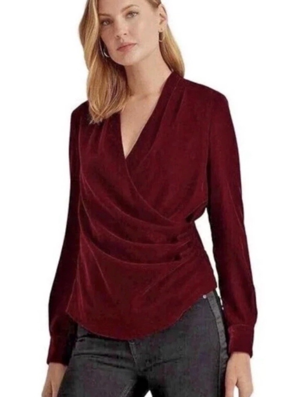 Lauren Ralph Lauren Women's Velvet Pleated Surplice Blouse Top Burgundy Red  2